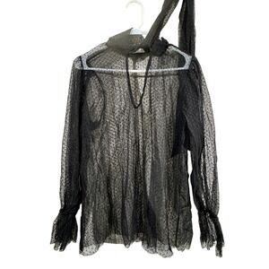 Quum‎ Sheer Polka Dot Mesh Blouse Women 1X Tie Neck Long Sleeve Gothic Romantic